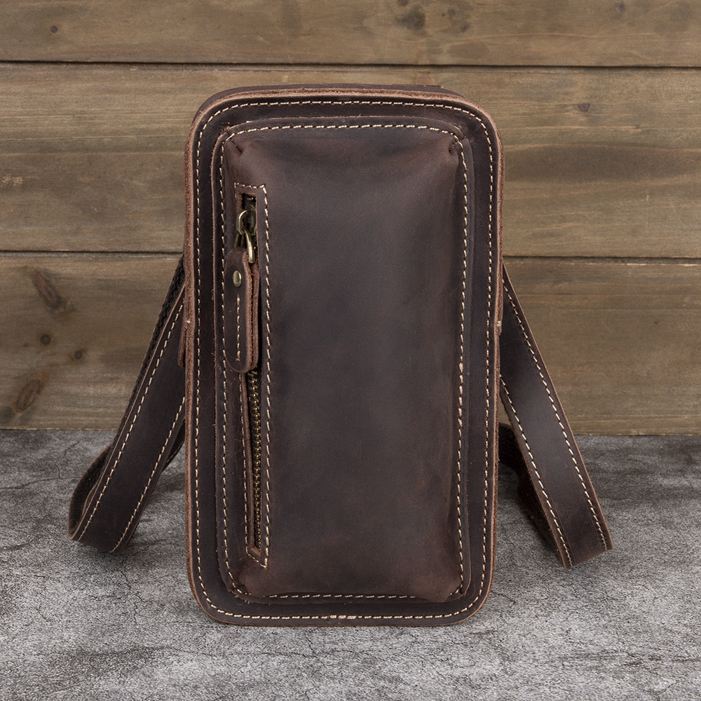 Foreign Trade Cross-border Crazy Horse Leather Men's Crossbody Waist Bag Vertical Top Layer Cowhide Genuine Leather Men's Bag Retro Personalized Pants Waist Bag
