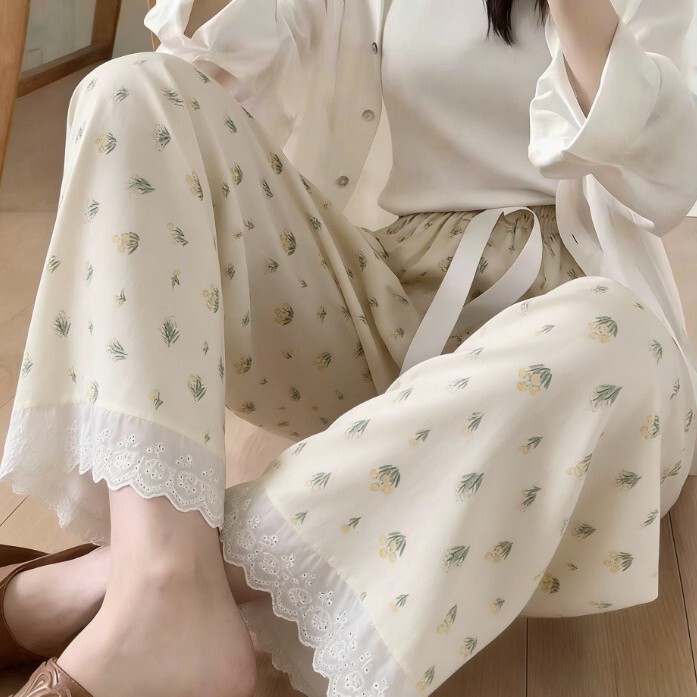 Lace-Trimmed Patchwork Sleep Pants for Women, Summer Thin Style, Cute Cartoon Print, Sweet Mori-Style Leisure Pants