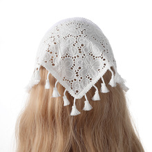 时尚夏季薄款布艺花朵蕾丝三角巾发带甜美少女镂空包头巾纯色绑带