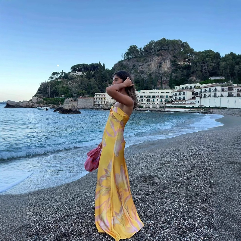 Foreign Trade European and American Style Ins Fashion Elegant Neck-hanging Digital Printed Dress Backless Tube-length Satin Silk Satin dress