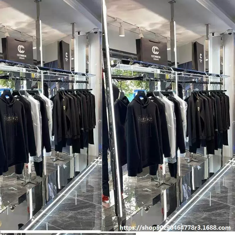 Стеллаж для магазина одежды, потолочная вешалка для одежды, полка для мужской и женской одежды, островная подсветка из нержавеющей стали с боковым подвесным дисплеем