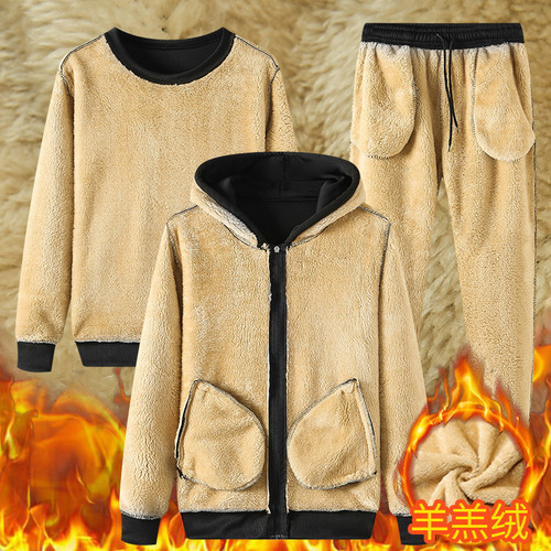 Men's Winter Loose Large Size Fleece Lined Thick Warm Hooded Sweatshirt Set with Casual Pants