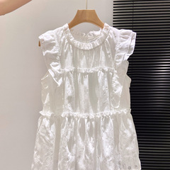 法式白色小飞袖衬衫女夏2025新款设计感甜美边无袖娃娃衫上衣