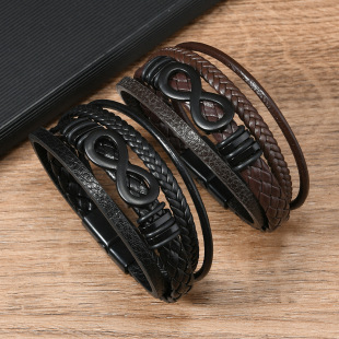 Cross-border new product European and American retro simple style infinity symbol 8-character magnetic buckle alloy leather diy men's leather bracelet