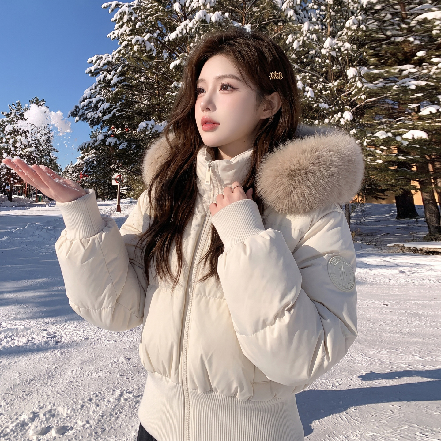 대외무역 신상 기모 두꺼운 면복 여성 후드 초대형 모직 패션 허리를 걷어