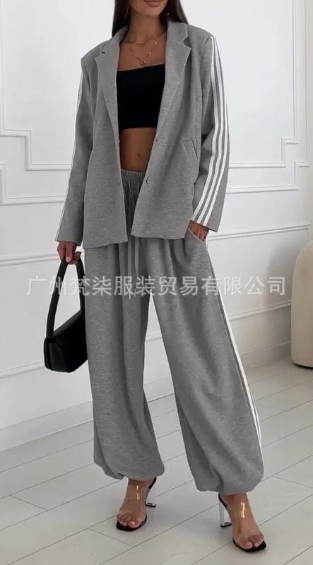 亚马逊2025欧美跨境翻领条纹夹克休闲西服外套阔腿长裤休闲套装女|undefined