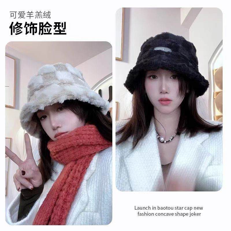 秋冬ネットセレブ韓国風ラムウール暖かくて多用途な学生イン女性フィッシャーマンハットレタープラッシュ盆地帽子ベルベット|undefined