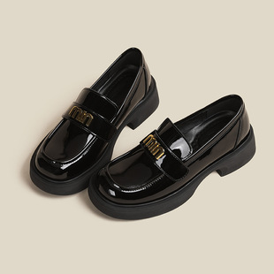 2025 New Spring and Autumn Trendy Thick-Soled British-Style Women's Leather Loafers with Chunky Heels, Black Slip-On Shoes