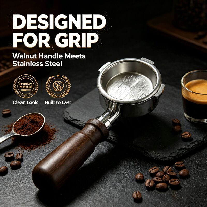 51mm De'Longhi three-ear coffee portafilter with mini solid walnut wood handle, Italian espresso powder bowl, matching accessories for cross-border sales 51mm De'Longhi three-ear coffee portafilter with mini solid walnut wood handle, Italian espresso powder bowl, matching accessories for cross-border sales