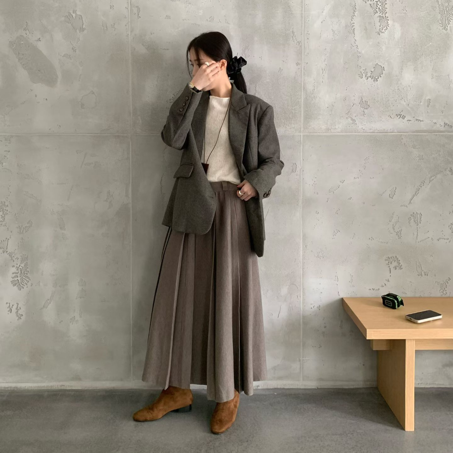 瀚柯秋冬刚需学院风柔软羊毛百褶针织半裙长款半身裙秋冬包臀