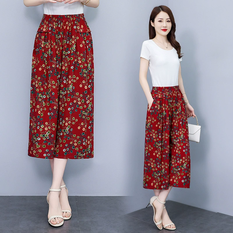 Летние тонкие хлопчатобумажные шелковые брюки-кюлоты для мам среднего и пожилого возраста, утягивающие брюки большого размера, повседневные широкие брюки с драпировкой.