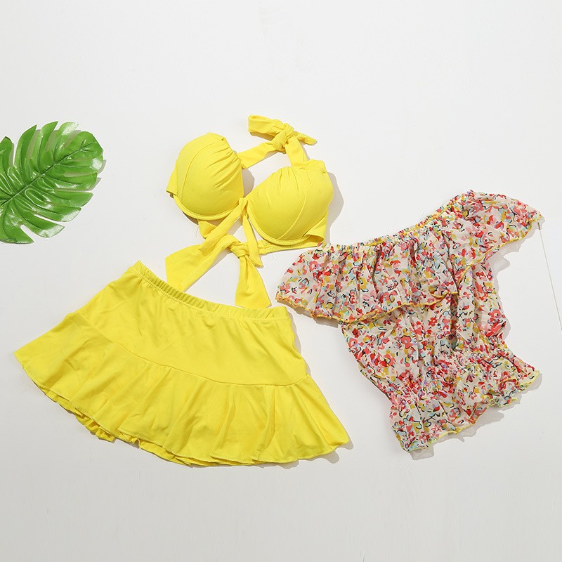 Oferta especial bikini traje de baño de tres piezas falda de mujer sexy pequeño pecho push up split traje de baño de aguas termales