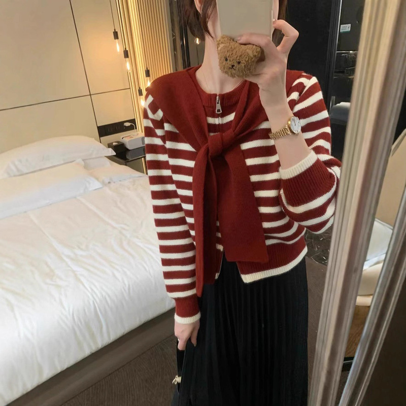 秋季新款韩版气质条纹短款针织开衫女小众设计感宽松百搭长袖外套|undefined