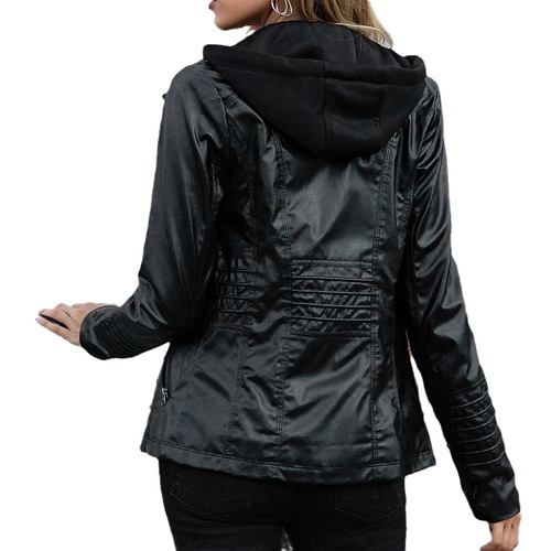 Amazon European and American Detachable Hooded Zipper Long-Sleeve Plain Color Women's Leather Jacket Foreign Trade Jacket Outerwear Casual Matchable