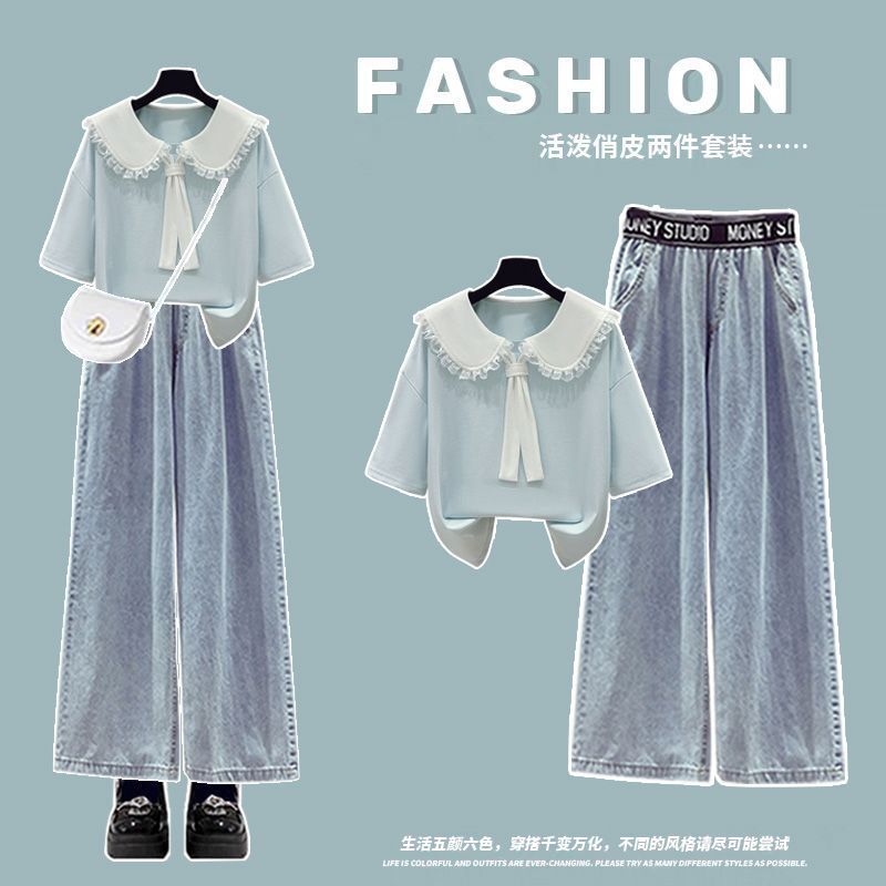 Fashion Suit with Navy Collar Lace Splicing Fake Two-Piece Casual Top Paired with Slimming Versatile Wide-Leg Jeans