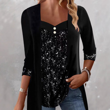 2023秋冬速卖通 亚马逊 WISH 珠片拼接纽扣长袖女士T上衣