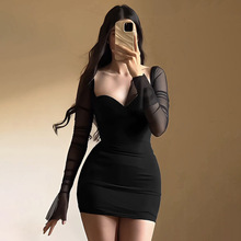 恋恋布忘名媛风气质性感网纱拼接低胸连衣裙纯欲辣妹显瘦包臀短裙