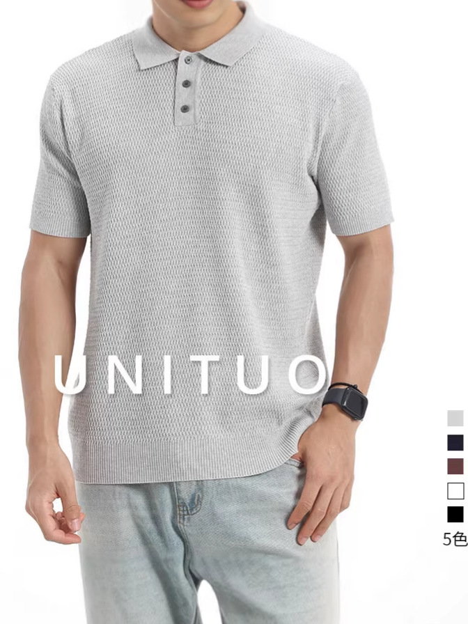 2026 verano transfronterizo hombre waffle hielo tejedido polo camisa de solapa de color sólido mangas cortas ropa de hombre de negocios europea y americana