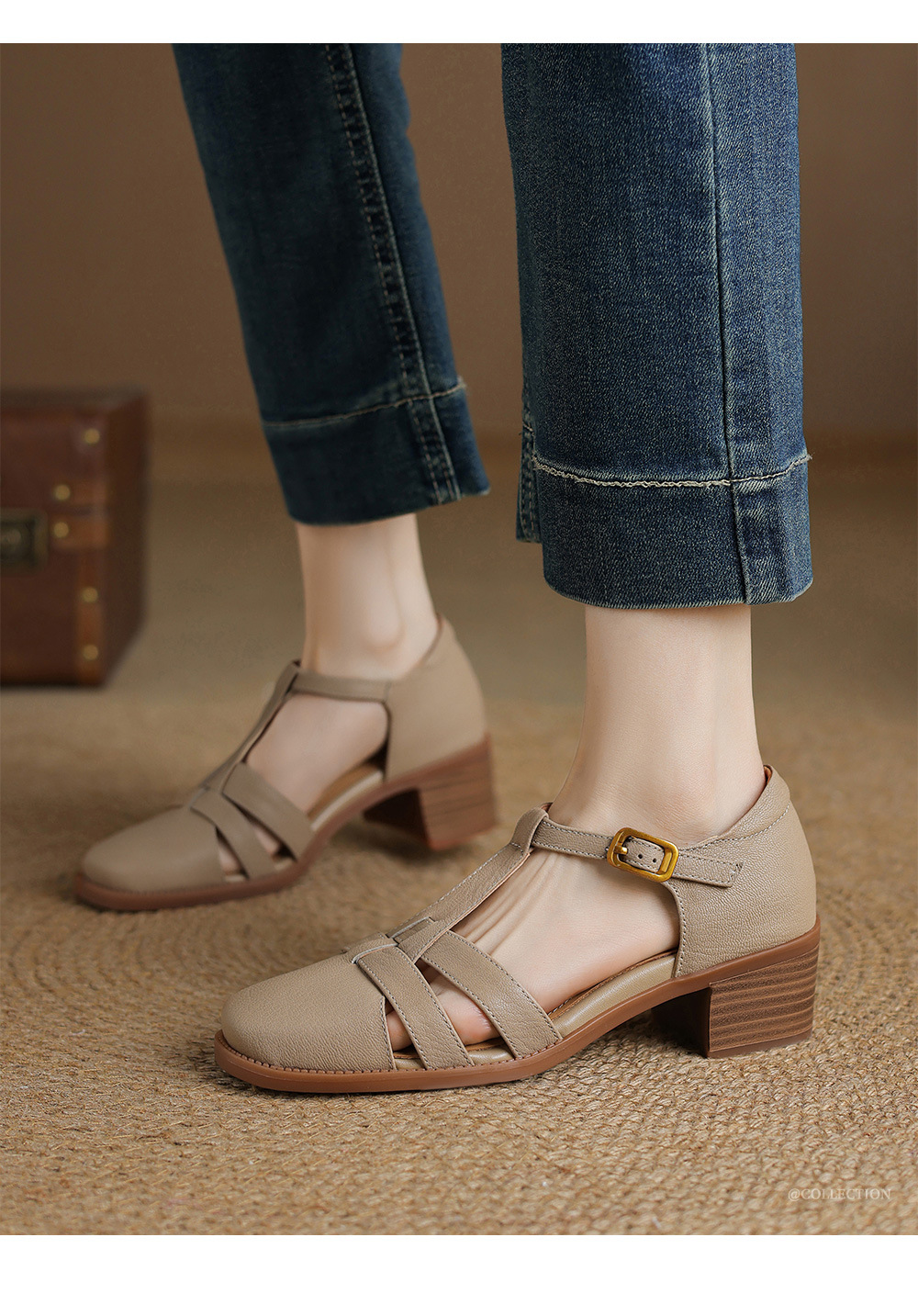 Sandal nữ quai ngang da cừu kiểu La Mã đế dày khoét lỗ dệt — Màu trắng nhạt chi tiết 2