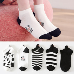 Embroidered new boat socks for women, fresh cartoon cow short socks, spring and summer student socks for girls, cotton ear cover socks with cotton feet