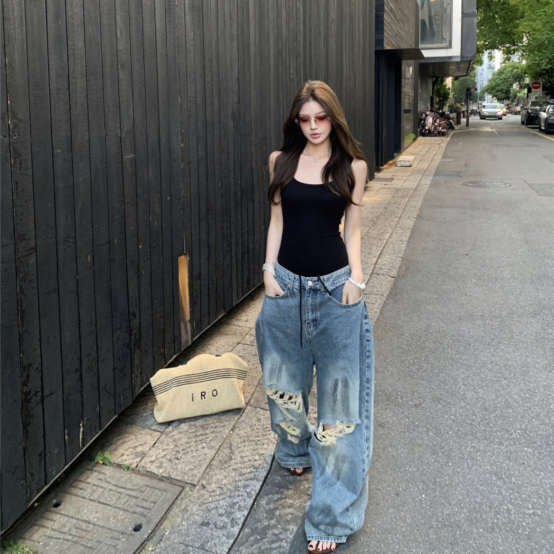 Sexy Hot Girl U-Neck Low-Cut Camisole Jumpsuit + Retro High Street Ripped Loose Wide-Leg Jeans Set for Women Sexy Hot Girl U-Neck Low-Cut Camisole Jumpsuit + Retro High Street Ripped Loose Wide-Leg Jeans Set for Women
