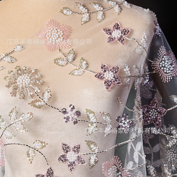 Tejido de bordado de cuentas transparentes, tela de red rosa, tela de bordado de red de flores tridimensionales, tela de bordado de red de flores