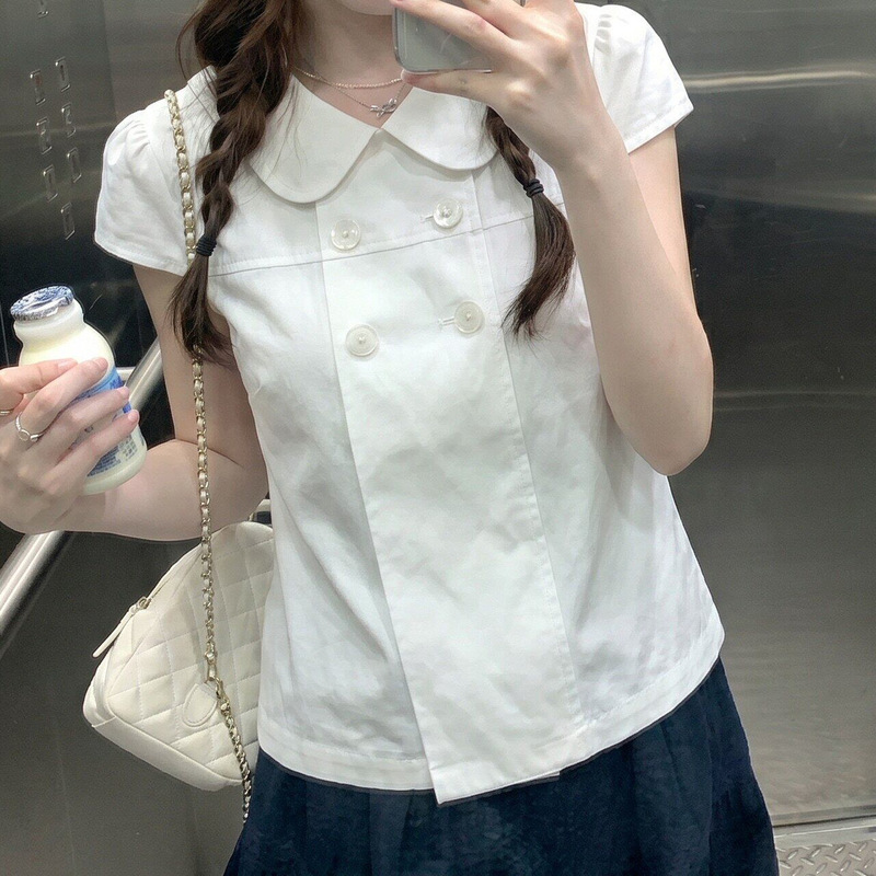 【Official Image and Actual Price】Summer Retro Double-Breasted Doll Collar Short-Sleeve Women's Blouse with Waist-Cinching Design