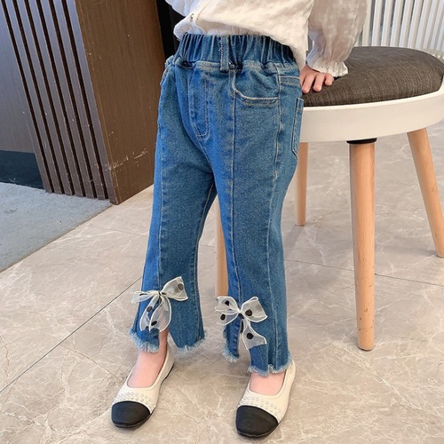 Girls jeans 2024 new spring and autumn children's clothing baby girl stretch trousers children's pants bow flared pants