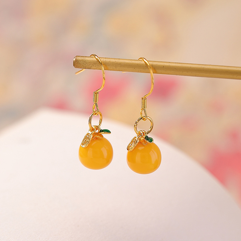 Bông tai bạc S925 mạ vàng họa tiết quả hồng men Ruyi phong cách Trung Hoa — Một cặp