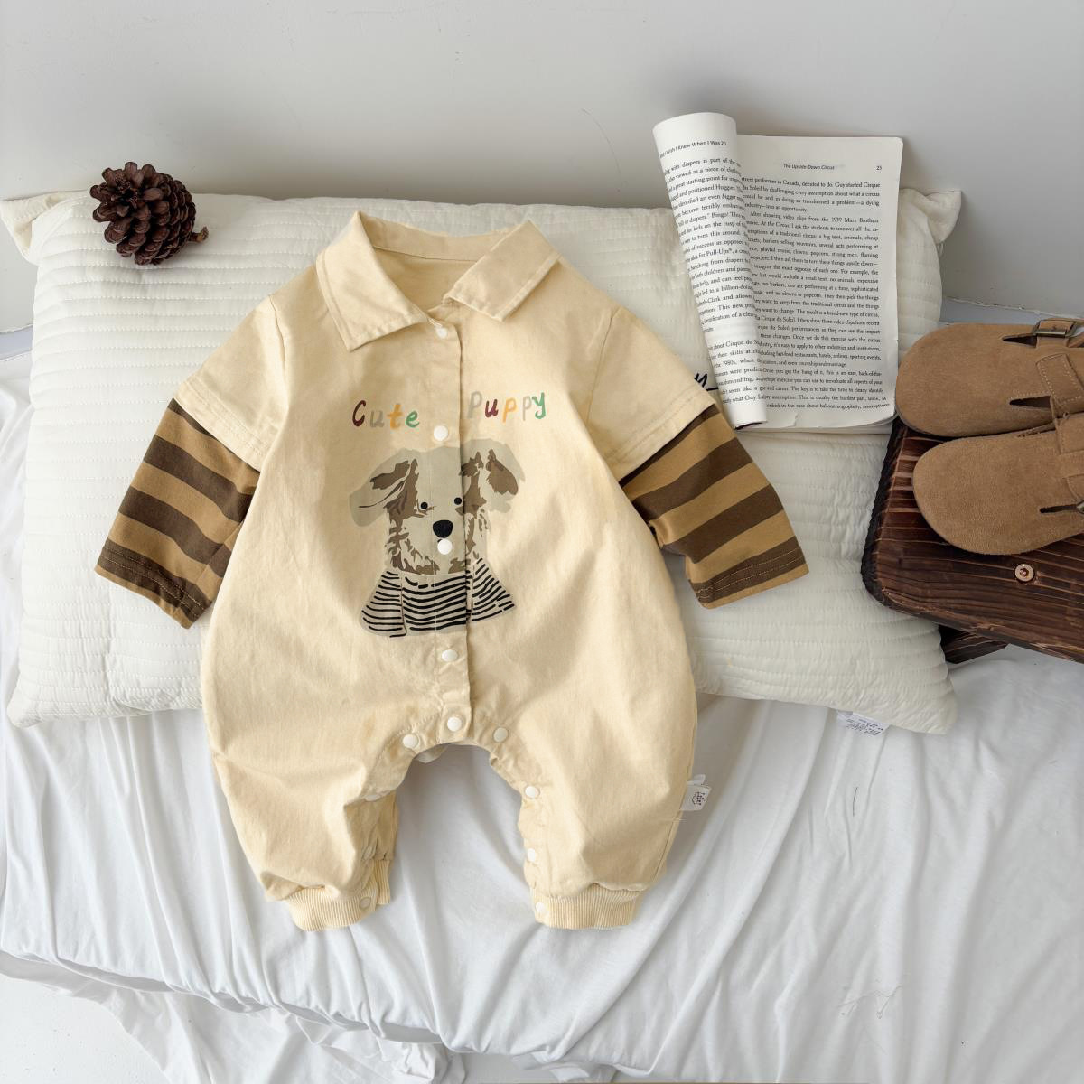 Primavera nuevo bebé mono hombre bebé estilo occidental solapa casual falso dos dibujos animados cachorro salir gateando