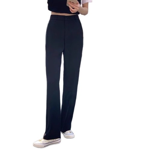 Black Slim Fit Silk Straight Leg Pants for Women 2025 Summer Thin Model Flowy Slimming Wide Leg Casual Suit Pants