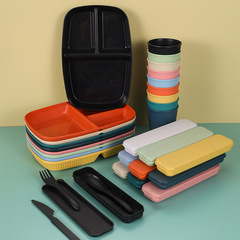亞馬遜分格方形餐盤小麥秸稈豎紋三格餐盤水杯餐具刀叉勺便攜套裝