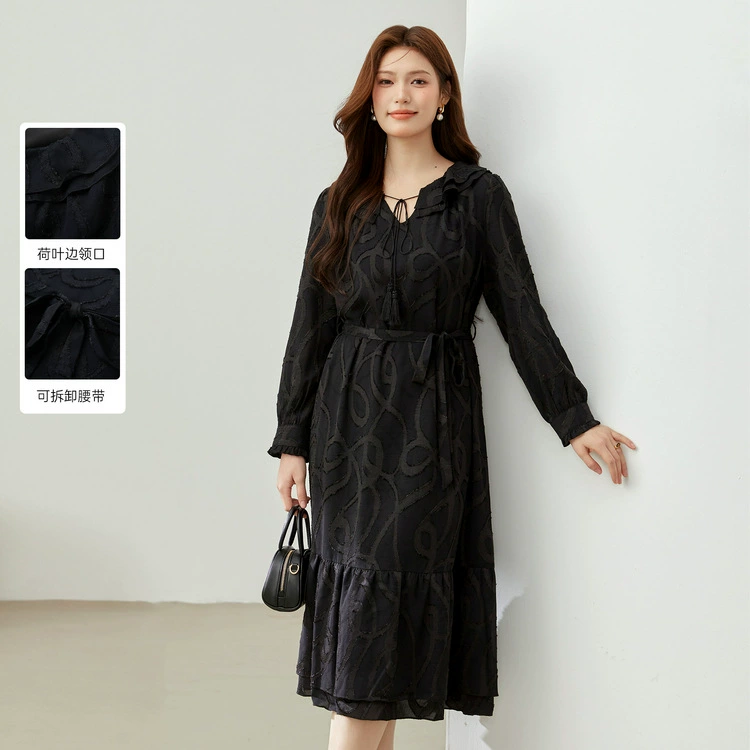 [Ретро черное платье с обрезкой и текстурией] Funny Show большой размер женский толстый mm2025 весенний стиль новый