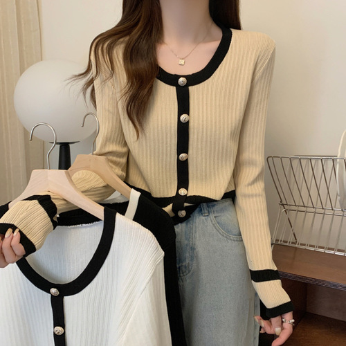 Knitted shirt women's spring new style niche contrasting color chanel style long-sleeved slimming retro all-matching temperament socialite clothes
