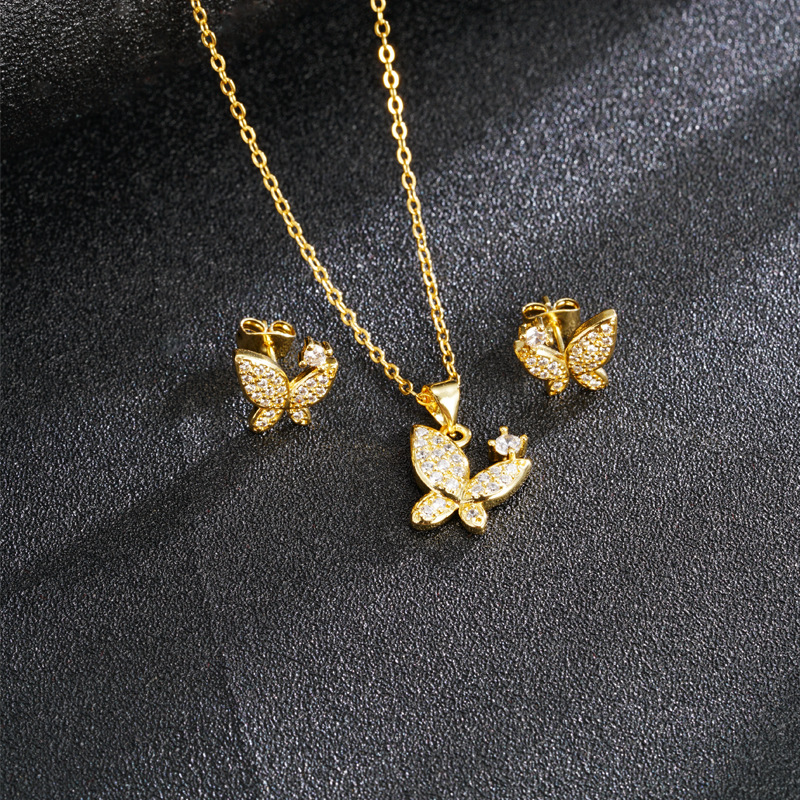 Collar de oro de arena antigua vietnamita, todo fósforo, sentido de alta calidad, incrustaciones de diamantes, pendientes de mariposa, lujo ligero femenino, joyería que no se desvanece durante mucho tiempo