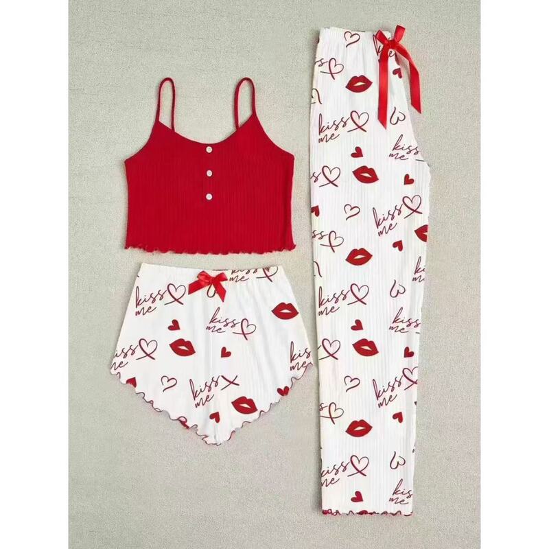 2025 New Home Wear Heart Print Button Pajamas Suspenders Cross-Border Trousers Three-Piece Home Set 2025 New Home Wear Heart Print Button Pajamas Suspenders Cross-Border Trousers Three-Piece Home Set