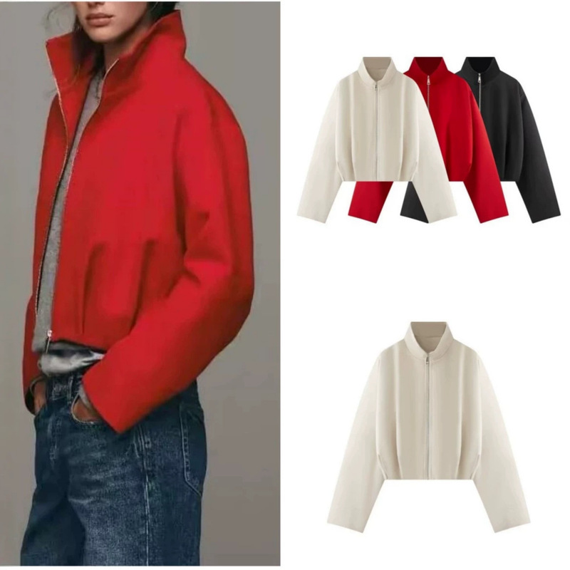 New foreign trade autumn and winter European and American style simple casual fashion long-sleeve stand-up collar bomber jacket solid color trendy coat New foreign trade autumn and winter European and American style simple casual fashion long-sleeve stand-up collar bomber jacket solid color trendy coat
