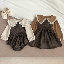 2024春季新款婴幼儿韩版裙子女宝宝姐妹装格子无袖哈衣爬服连衣裙