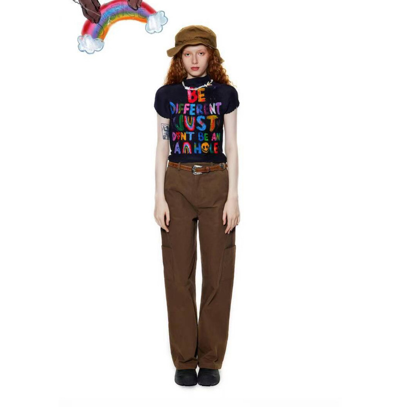 Miyake Pleated Top with Colorful Letter Graffiti Tie-Dye High-Neck Short-Sleeve Slim Fit Y2K Trendy Brand Art Ins Top