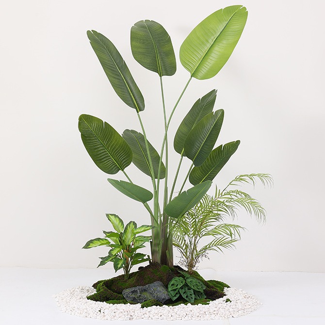 Simulación de interiores, plantación verde, paisajismo a gran escala, decoración de plantas, centro comercial, hotel, escaleras, decoración de piso de árbol falso