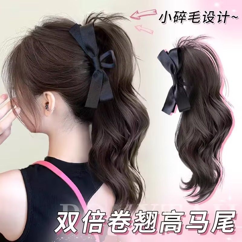 ウィッグポニーテールブラックリボンハイポニーテールヘアピンヘアアクセサリー多用途大型ヘップバーンスタイルハイポニーテールクリップ|undefined