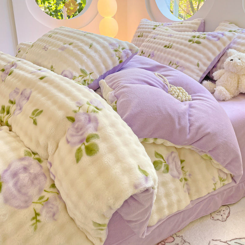 Fluffy Snowflake Fleece Milk Fleece Comforter Set 4-Piece Set Thick Warm Winter Double-Faced Fleece 3-Piece Set
