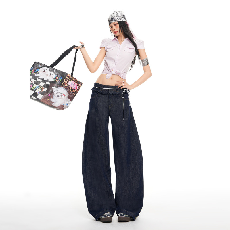 Ruffled Double-Waistband Long Pants with Curved Design Jeans 2026 New American Style Spicy Girl High-Waisted Versatile Women's Clothing