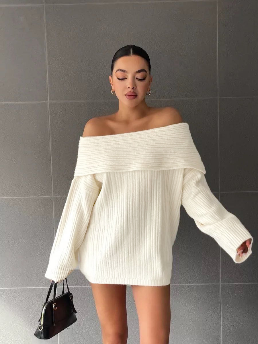 Off-Shoulder Knit Sweater – Long Sleeve(S-XL, 4 Colors, Sexy Drop Neckline, British-Inspired, Work-to-Party Versatile)​_ecoleips.com