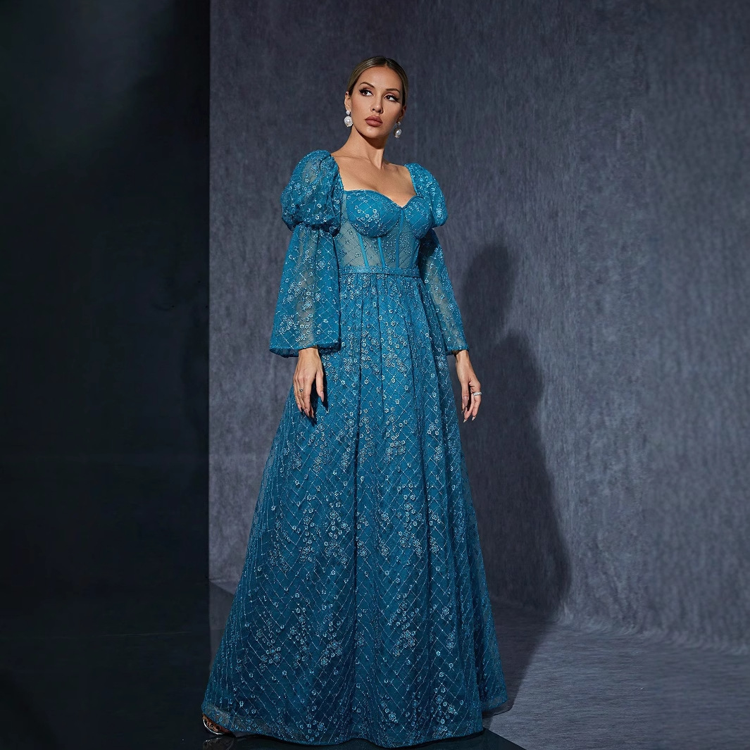 Burbujas transfronterizas de Amazon más mangas de trompeta nuevo vestido de fiesta de baile de nicho bordado supersticioso vestido de noche