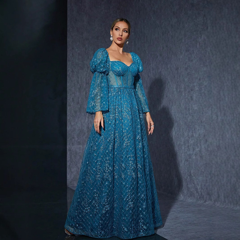 Amazon Cross-border Bubble and Horn Sleeve New Dress Evening Party Party Super Fairy Embroidered Niche Evening Dress Amazon Cross-border Bubble and Horn Sleeve New Dress Evening Party Party Super Fairy Embroidered Niche Evening Dress