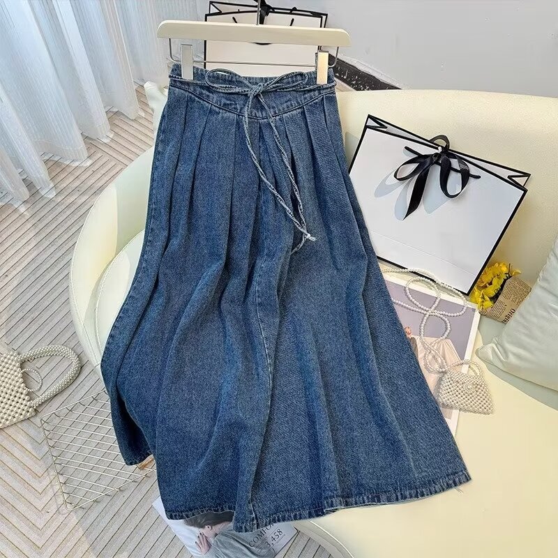 Retro Strappy Denim Skirt for Women in Autum High-waisted Slimming Look Mid-length Pleated Skirt with Large Hem A-line Umbrella Skirt