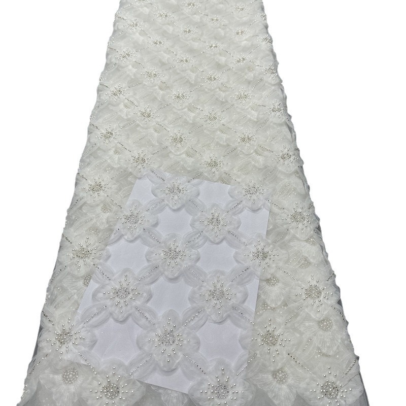 Tejido de bordado de encaje cuadrado tela de tubo de perlas vestido de boda vestido de moda tela en stock image 6