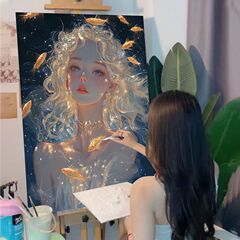 癒しの系の美しい女の子の高級感のデジタル油絵のdiyは色のアクリルの油彩の装飾画の手描きを詰めます。