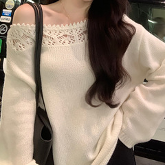 美利奴羊毛镂空花边一字领针织衫女秋长袖宽松慵懒上衣